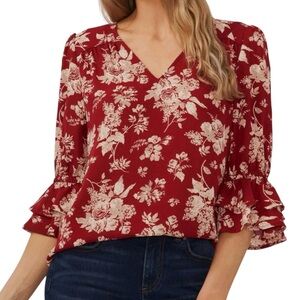 CeCe Blouse Red Women’s Medium Beige Floral V-Neck Ruffle Sleeve Top Fall Boho